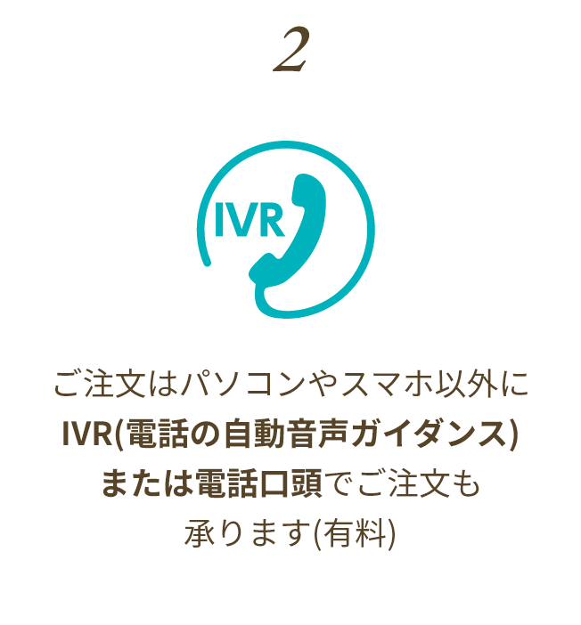 ご注文はパソコンやスマホ以外にIVR(電話の自動音声ガイダンス)または電話口頭でご注文も承ります(有料)